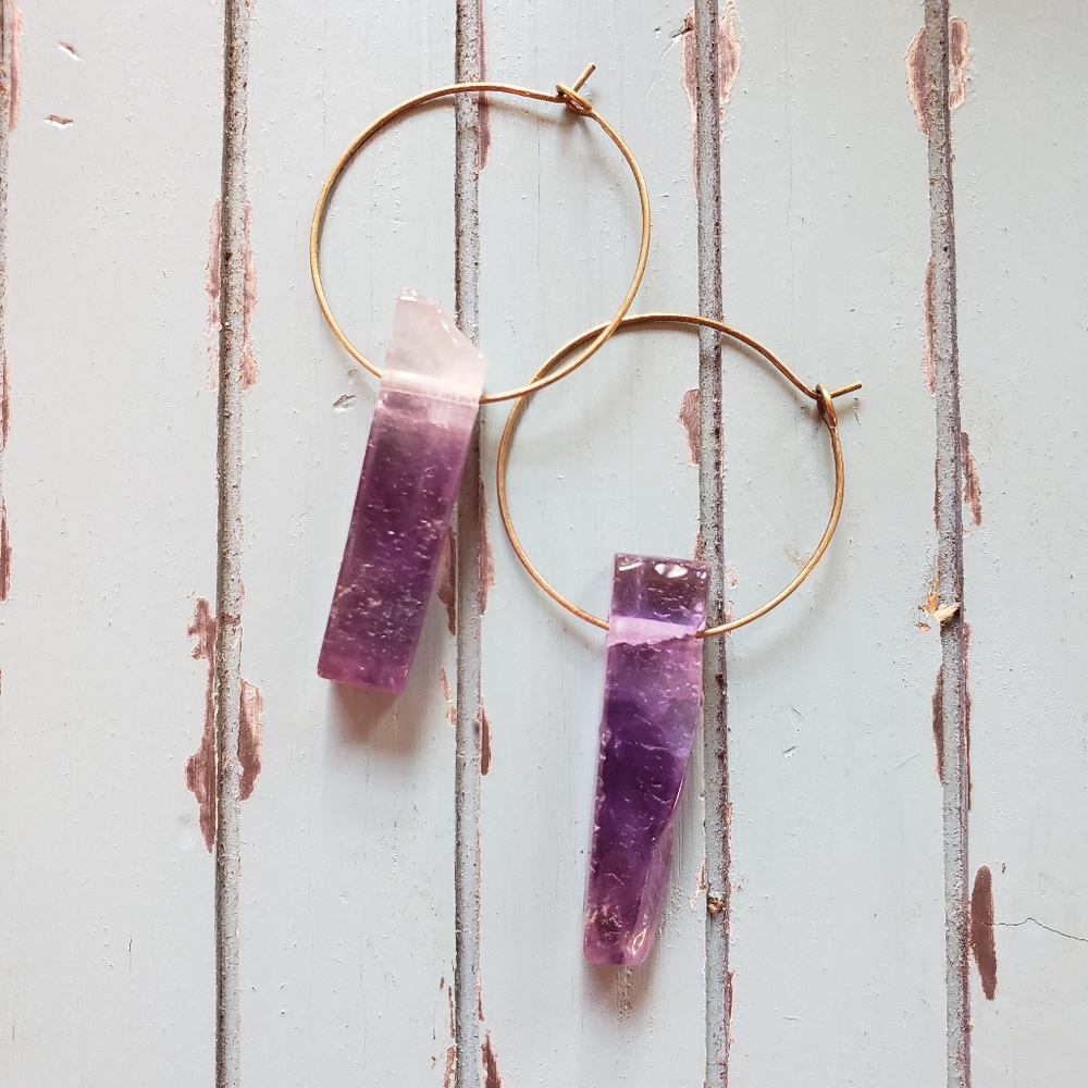 Handmade Purple Amethyst Quartz Crystal Stone Healing Hoops Earrings